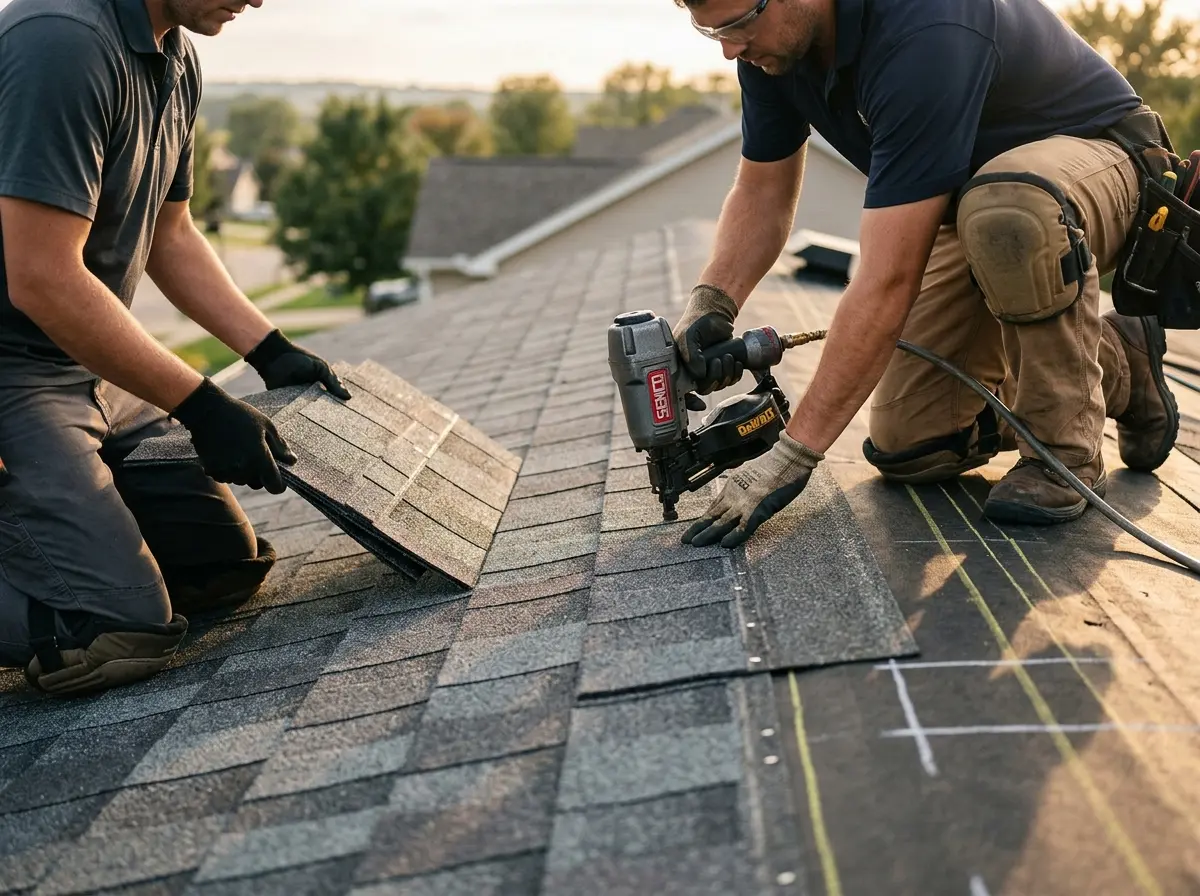 Professional roofer working on a residential roof in Mayville
